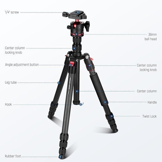NEEWER Basics Carbon Fiber Travel Tripod Monopod, 64" Compact Lightweight Portable Camera Cell Phone Holder Stand Compatible with iPhone Video Recording, Arca Type Ball Head, Max Load 13.2 lbs, TP17B