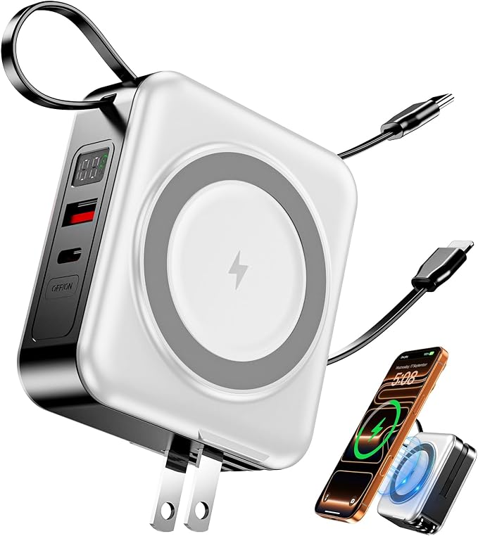 for Magsafe Portable Charger with Built-in Cables and AC Wall Plug, 10000mAh Magnetic Wireless Power Bank 22.5W Type-C in & Out Fast Charging Battery Pack for iPhone 17/16/15/14/13/12 Series, White
