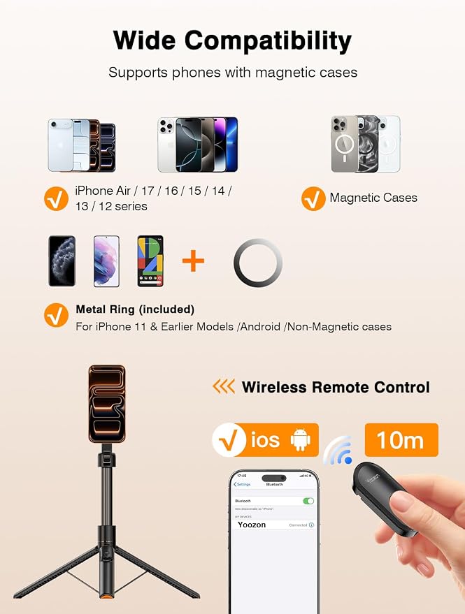 for Mag Safe Tripod for iPhone, 360° Rotating Head for Front & Rear Shooting, 65” Selfie Stick for iPhone Android with Remote & Metal Ring, Magnetic Phone Tripod Stand for Video Recording Travel