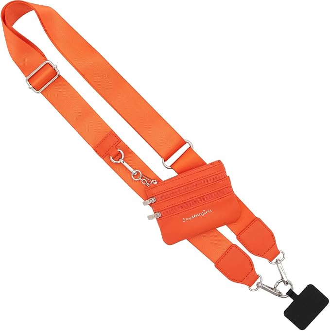 Save the Girls Clip and Go Phone Strap Solid (Orange - Orange Pouch) - Crossbody Phone Strap Chain with Zipper Wallet Pouch – Phone Lanyard with Zippered Pouch