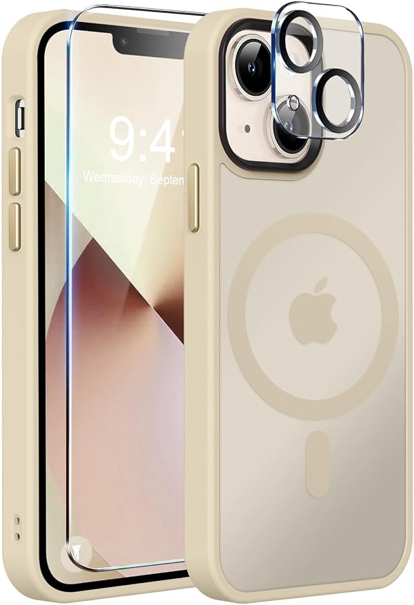 MOCCA Strong Magnetic for iPhone 13 Case, [Compatible with Magsafe][Screen Protector+Camera Lens Protector] Translucent Matte Back Slim Shockproof Case for iPhone 13 Phone Case 6.1", Light Gold