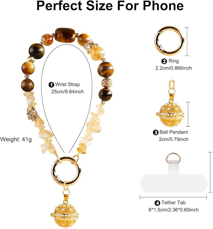 TEAMOLA Natural Stone Phone Charm, Handmade Crystal Cellphone Chain for Universal, Beaded Healing Anti Theft Phone Wrist Strap with Tether Tab, Citrine & Tiger's Eye & Aromatic Ball Pendant