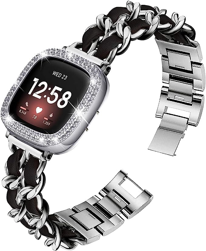 Stainless Steel Bands Compatible for Fitbit Versa 4/Fitbit Sense 2 Smartwatch With Bling Case Cover,Chic Leather Metal Wristband Accessories Strap for Women Bracelet (Silver, Versa 4/Sense 2)