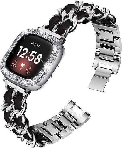 Stainless Steel Bands Compatible for Fitbit Versa 4/Fitbit Sense 2 Smartwatch With Bling Case Cover,Chic Leather Metal Wristband Accessories Strap for Women Bracelet (Silver, Versa 3/Sense)