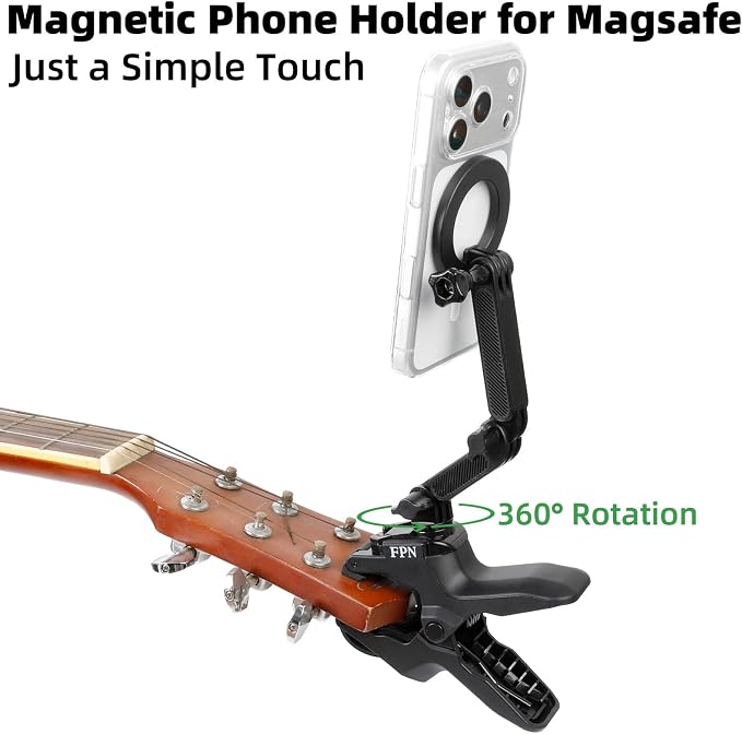 Magnetic Guitar Head Phone Holder Mount for Live Broadcast Video Recording, Cell Phone Clamp Clip Compatible with Magsafe iPhone 17 16 15 14 13 12 Series