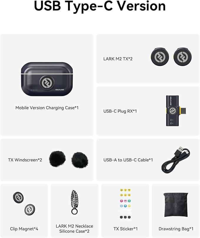 Hollyland Lark M2 Wireless Microphone for iPhone15/16/17&Android, USB C Mini Lapel Microphone Wireless, 1000ft Range, Hi-Fi Audio, Noise Cancellation, 30H Battery for Video Recording, Streaming