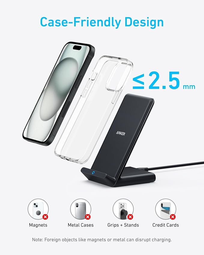 Anker 313 Wireless Charger (Stand), Qi-Certified for iPhone 17/17 Pro/17 Pro Max/16/15/14/13, 10W Fast-Charging Galaxy S23 S22 S21(No AC Adapter) (Black, 2 Pack)
