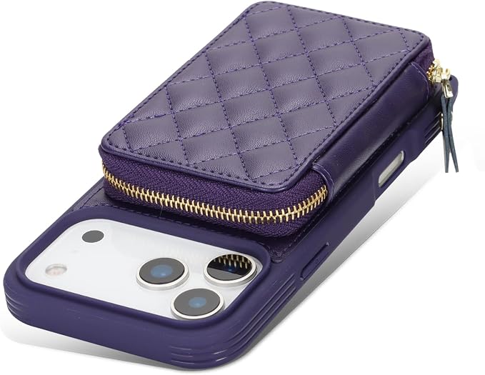 Crossbody Wallet Case for iPhone 17 Pro Max, PU Leather Zipper Handbag Purse Flip Cover, Kickstand Folio Case with Card Slots Holder Wrist Strap Lanyard 5G 6.9 Inch-Purple