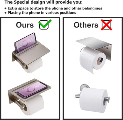 Toilet Paper Holder with Shelf, Aluminum Tissue Roll Holder with Mobile Phone Storage Shelf for Modern Bathroom, 3M Self Adhesive No Drilling or Wall-Mounted with Screws, Brushed Nickel