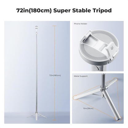 K&F CONCEPT Popod 72" Phone Tripod, 3-in-1 Clip & Magnetic Selfie Stick with Remote, Automatic Phone Tripod Stand, Compatible with iPhone 17-12 Series Android Phones 1/4" Screw Accessories(White)
