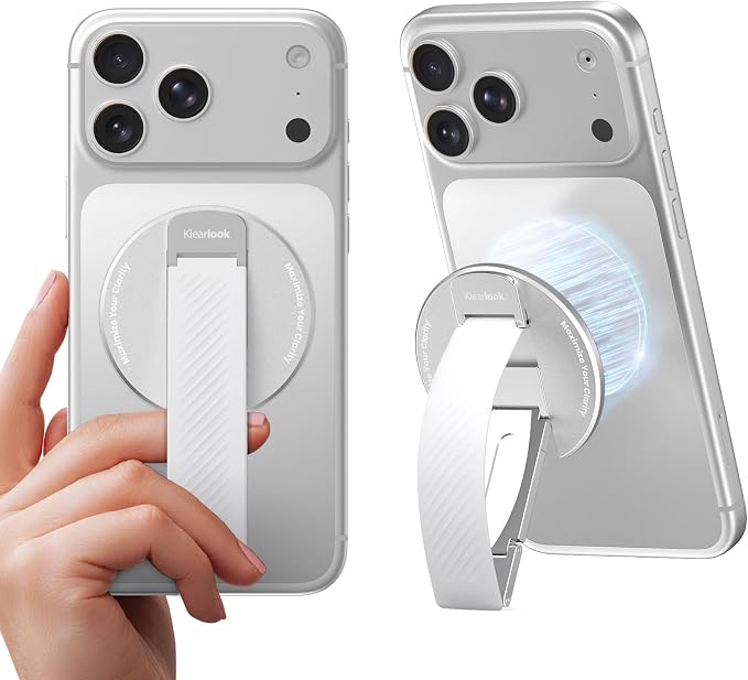 2026 Klearlook for MagSafe Phone Grip with Silicone Finger Strap, Removable Magnetic Phone Ring Holder with Adjustable Kickstand, Finger Phone Ring Grip for iPhone 17/16/15/14/13/12 Series, White