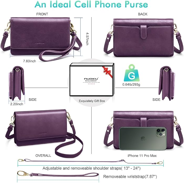 nuoku Women Small Crossbody Bag Cellphone Purse Wallet with RFID Card Slots 2 Straps Wristlet