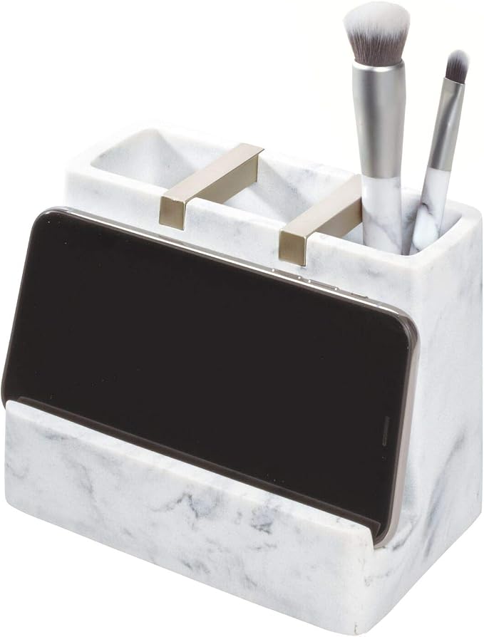 iDesign 28250 Dakota Resin Marble Vanity Center for Toothbrush, Cell Phone, Bathroom Countertops, Desks, Vanities, Dorm, Office - White Marble and Satin Metal Accents