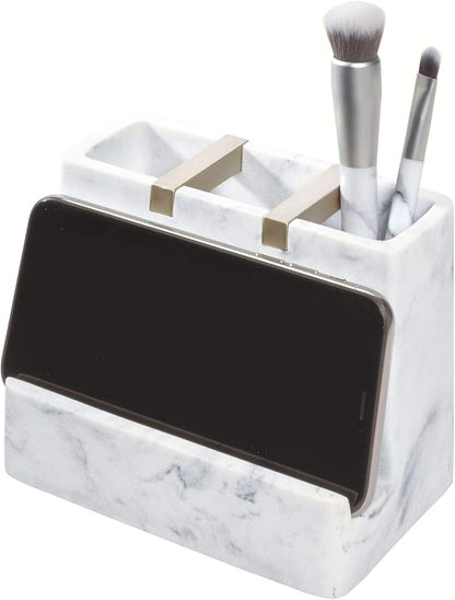 iDesign 28250 Dakota Resin Marble Vanity Center for Toothbrush, Cell Phone, Bathroom Countertops, Desks, Vanities, Dorm, Office - White Marble and Satin Metal Accents