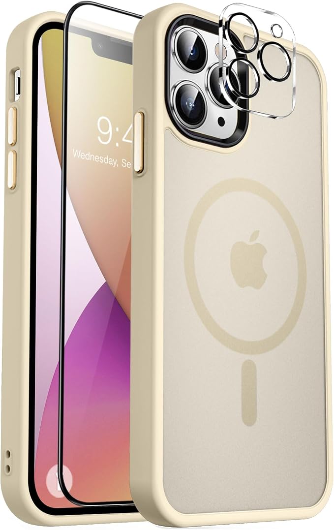 MOCCA Strong Magnetic for iPhone 13 Pro Max Case,[Compatible with Magsafe][Glass Screen Protector+Camera Lens Protector] Slim Thin Shockproof Cover Phone Case for iPhone 13 Pro Max 6.7", Light Gold