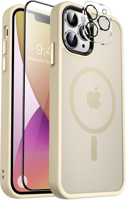 MOCCA Strong Magnetic for iPhone 13 Pro Max Case,[Compatible with Magsafe][Glass Screen Protector+Camera Lens Protector] Slim Thin Shockproof Cover Phone Case for iPhone 13 Pro Max 6.7", Light Gold