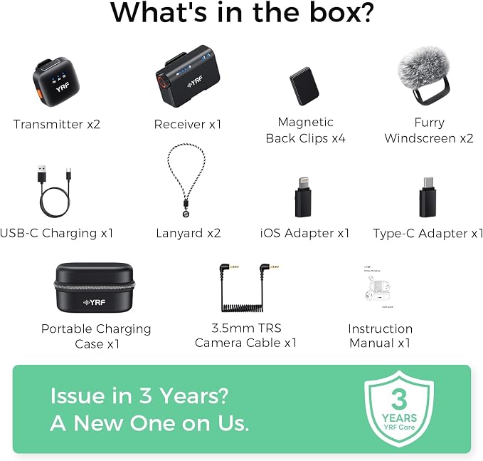 YRF Mic 2 (2 TX + 1 RX + Charging Case), Wireless Lavalier Microphone, Intelligent Noise Cancelling, Internal Recording (M15)