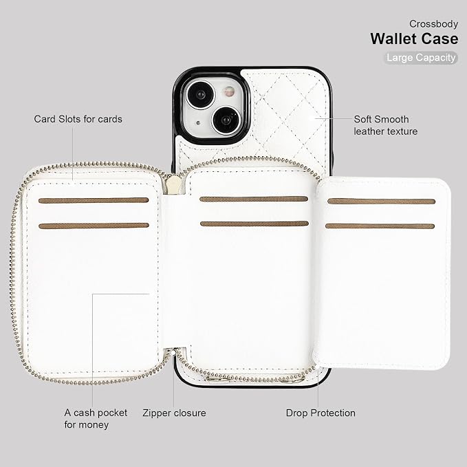 Bocasal Crossbody Wallet Case for iPhone 15 Plus, RFID Blocking PU Leather Zipper Handbag Purse Flip Cover, Kickstand Folio Case with Card Slots Holder Wrist Strap Lanyard 5G 6.7 Inch (White)