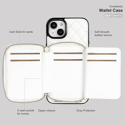 Bocasal Crossbody Wallet Case for iPhone 15 Plus, RFID Blocking PU Leather Zipper Handbag Purse Flip Cover, Kickstand Folio Case with Card Slots Holder Wrist Strap Lanyard 5G 6.7 Inch (White)