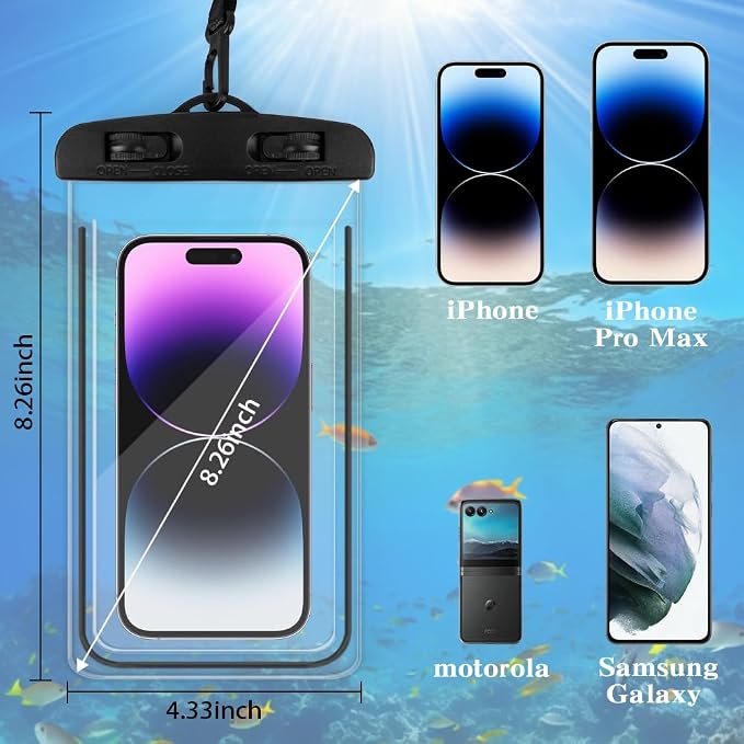 Waterproof Phone Pouch, 2 Pack Black Water Proof Cell Phone Case, Phone Wet Dry Bag Holder Beach Vacation Waterpark Underwater Cruise Essentials Accessories Must Haves Packing List Stuff for Men Women