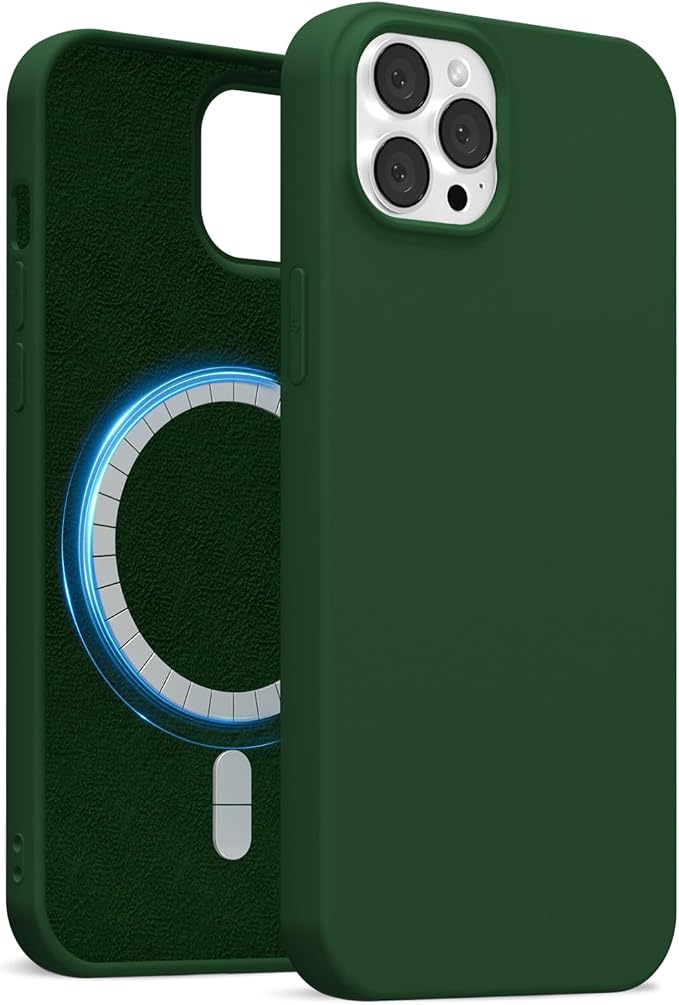 for iPhone 12/12 Pro Case Silicone Compatible with Magsafe Case, Ultra Slim Thin Magnetic Phone Cases Mag Safe, Cute Soft Rubber Gel Matte Plain Wireless Charging Cover for Women, Dark Green