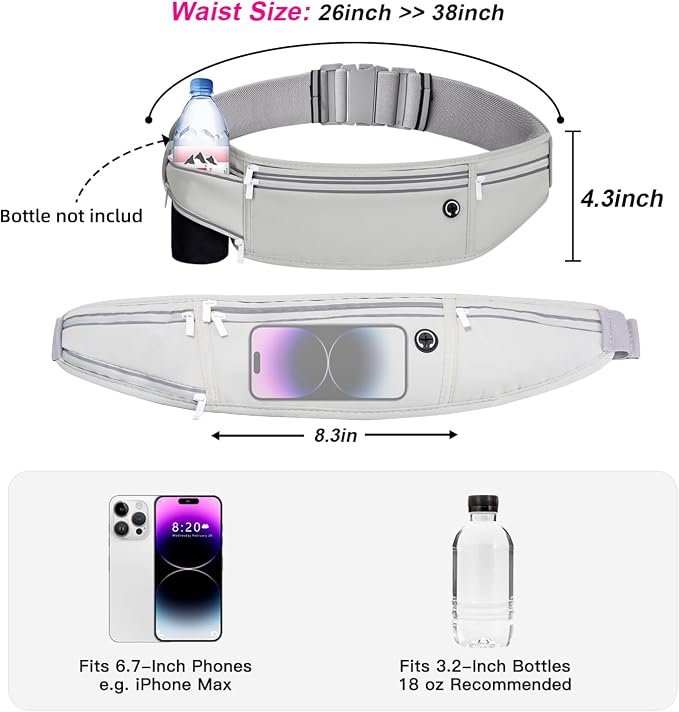 Slim Running Belt for Women Men,Runners Fanny Pack Phone Holder,Money Belt,Running Gear Accessories,with 3 Pockets (Gray)