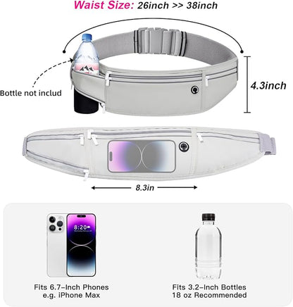 Slim Running Belt for Women Men,Runners Fanny Pack Phone Holder,Money Belt,Running Gear Accessories,with 3 Pockets (Gray)