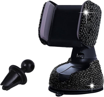 SUNCARACCL Bling Car Phone Holder, 360°Adjustable Crystal Auto Phone Mount Universal Rhinestone Car Stand Phone Holder Car Accessories for Windshield Dashboard and Air Outlet (Black)