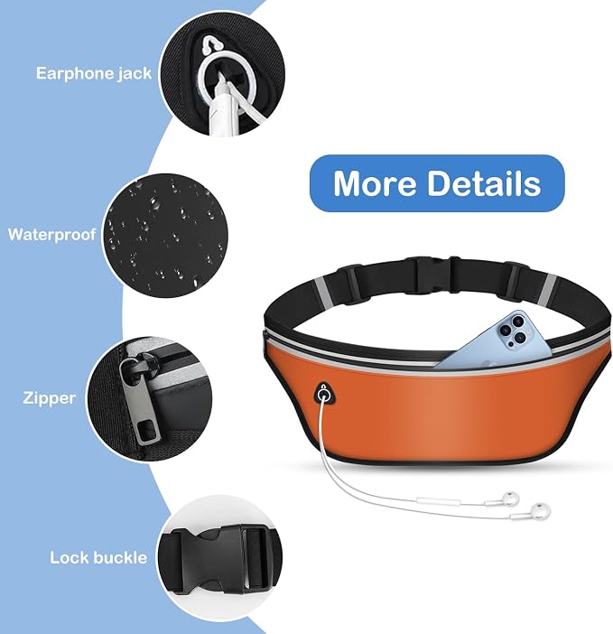 UltraSlim Fanny Packs for Women Men Slim Running Belt Waist Pack Runners Bag Waterproof Money Belt (Orange)