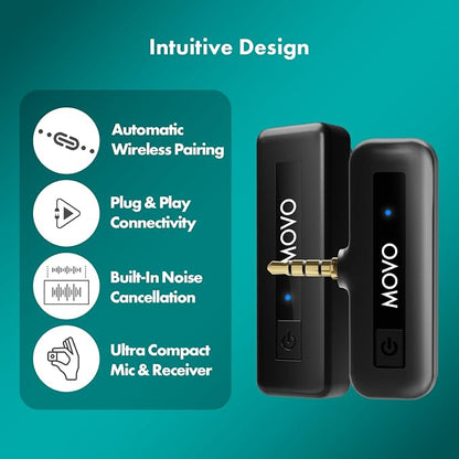 Movo Wireless Mini Camera Microphone for Video Recording- 2.4Ghz Wireless Transmitter with Clip on Lavalier Microphone for DSLR, Mirrorless Camera- Compact Lapel Mic (164FT Range, 10-Hr Battery Life)