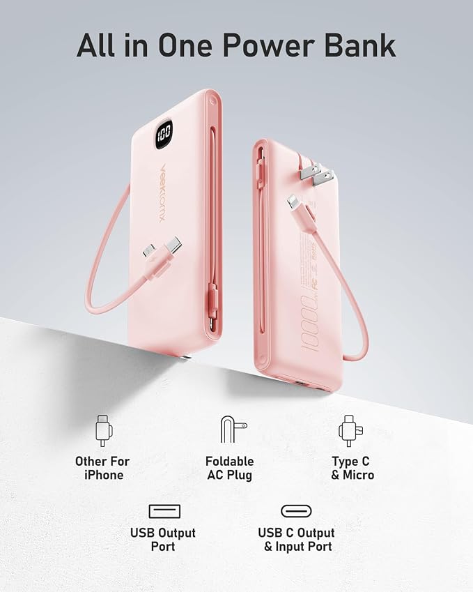 VEEKTOMX Portable Charger with Built in Cables 10000mAh, Power Bank for iPhone with Wall Plug, Travel Essential Fast Charging USB C Slim External Battery Pack for iPhone 17/16/15, Samsung, iPad,etc