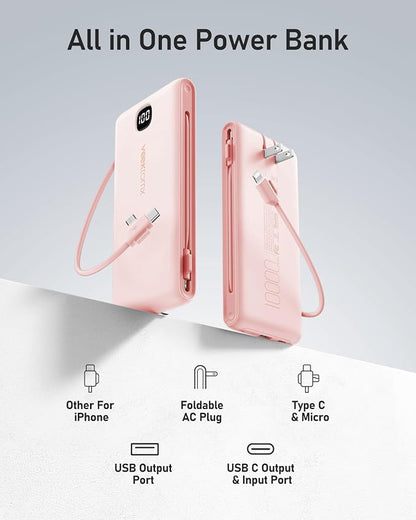 VEEKTOMX Portable Charger with Built in Cables 10000mAh, Power Bank for iPhone with Wall Plug, Travel Essential Fast Charging USB C Slim External Battery Pack for iPhone 17/16/15, Samsung, iPad,etc