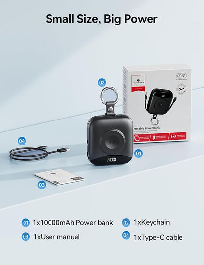 Portable Charger Power Bank, 10000mAh Fast Charging Power Bank with Built-in Cables, Travel Keychain Battery Pack with LED Display for iPhone Samsung Android iPad iWatch Charger 11/10/9/8/Ultra, Black