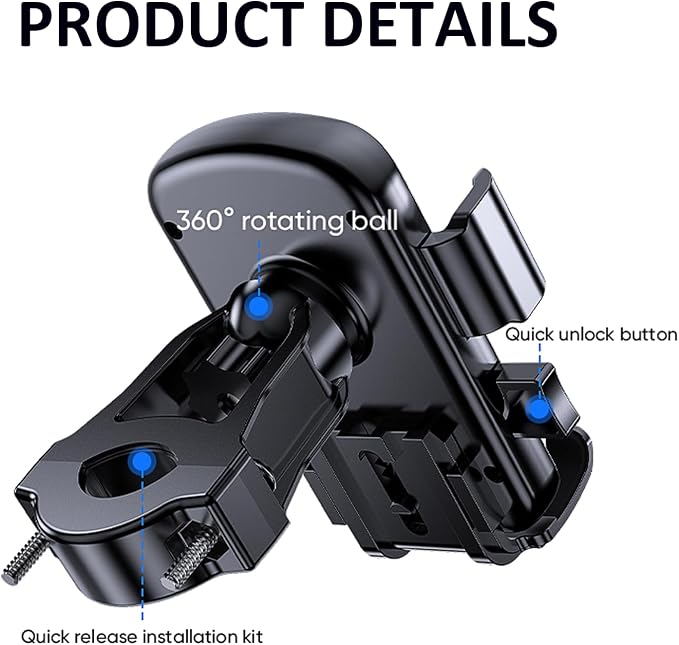 Bike Phone Mount Holder, Motorcycle Phone Mount for Scooter, Mountain, Dirt Bike, Stroller and Motorcycle, 360°Rotate Handlebar Phone Holder Compatible with iPhone & Android Smartphones from 4.7-7.2''