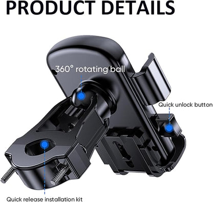 Bike Phone Mount Holder, Motorcycle Phone Mount for Scooter, Mountain, Dirt Bike, Stroller and Motorcycle, 360°Rotate Handlebar Phone Holder Compatible with iPhone & Android Smartphones from 4.7-7.2''