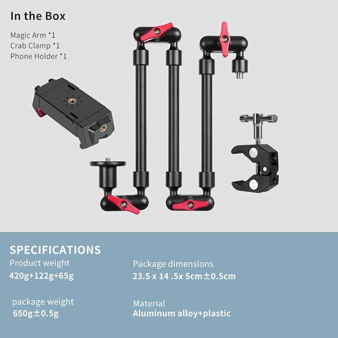 Adjustable Articulating Magic Arm with Clamp and Phone Holder Clip for Desk Mount, Desk Stand, Cell Phone Tripod