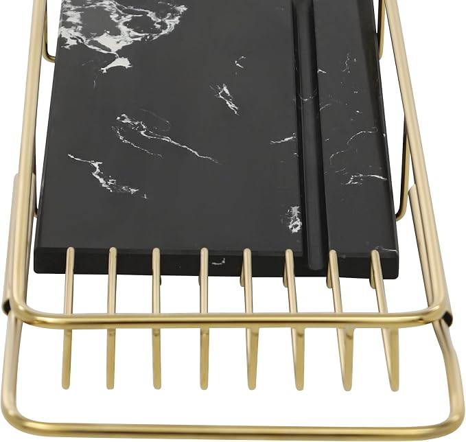 Expandable Bathtub Tray Caddy for Luxury Bath, Extra Wide Acrylic Tub Tray with Natural Marble Board, Waterproof Bath Tub Shelf for Phone, Wine, Book, Tablet Stand - Ideal Home Spa (Gold, Black)