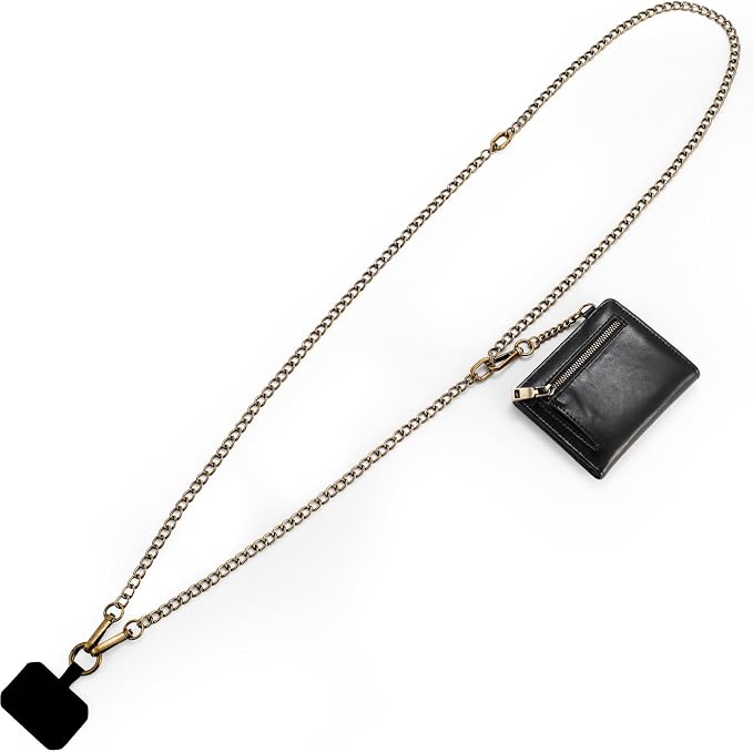 Diaclara Clip and Go Chain Phone Strap with Zipper Pouch- Stylish Crossbody Adjustable Chain Lanyard with Leather Wallet for All Phones, Copper
