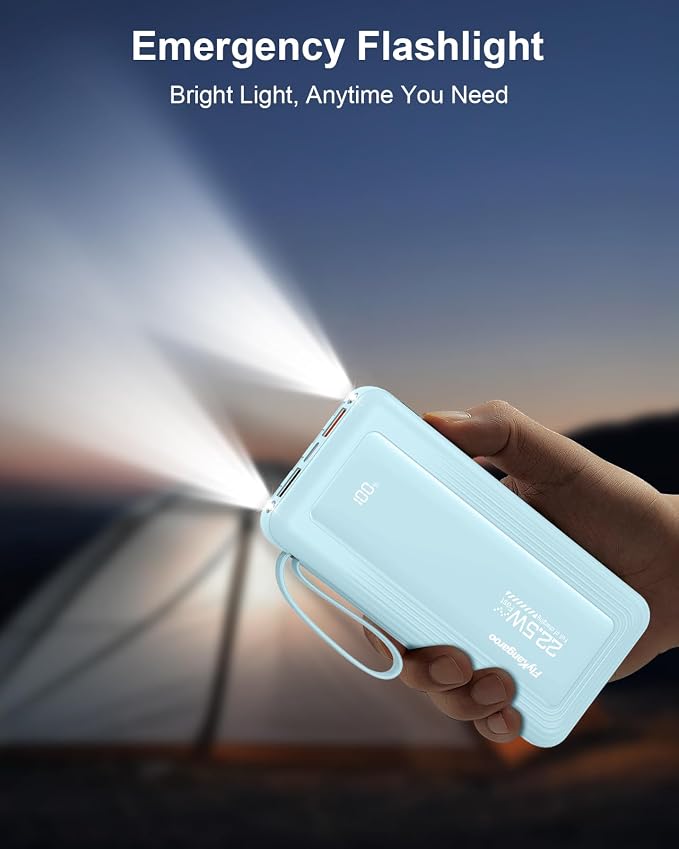 Portable Charger 10000mAh 22.5W Power Bank | Built in 4 Cables, Slim, Fast Charging, USB C LED Display, 6 Outputs & 2 Inputs, Flashlight