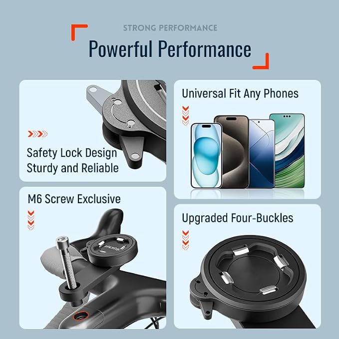 Bike Stem Phone Mount with Quad Safety Buckles – CNC Aluminum Center Holder for iPhone & Android | Quick Install | Anti-Shake Clamp for MTB/Road/Mountain
