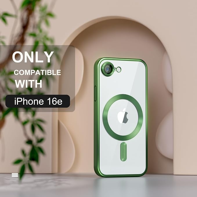 Misea Magnetic for iPhone 17e / 16e Case Compatible with MagSafe [Never Yellowing] [Military Grade Drop Protection] Full Camera Lens Protector Plating Soft Clear Phone Case for Women 6.1 inch, Green