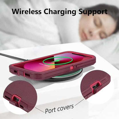 Sansunto for iPhone 16e Case, Protective Cover for 13, 14, 15, 16E 6.1", Heavy Duty Shockproof Drop Proof 3 in 1 Silicone Rubber Cover, Rugged Hybrid Durable Phone Cases for Women (Burgundy)