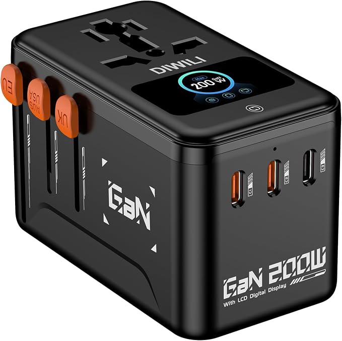 200W GaN Universal Travel Adapter with Smart Display, International Power Adapter with 3 USB-C & 1 USB-A Charging Ports, Travel Plug Adapter Worldwide for US to European UK AUS Ireland