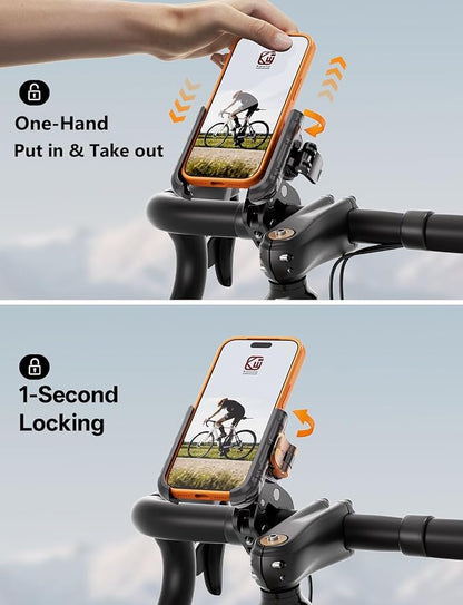 Kewig Bike Phone Holder - [Camera Friendly] [1-Second Lock & Release] Bike Cell Phone Mount Clamp, Motorcycle Bicycle Scooters Handlebar Cell Phone Mount Clip Fits 5.4-7.2" Smartphones