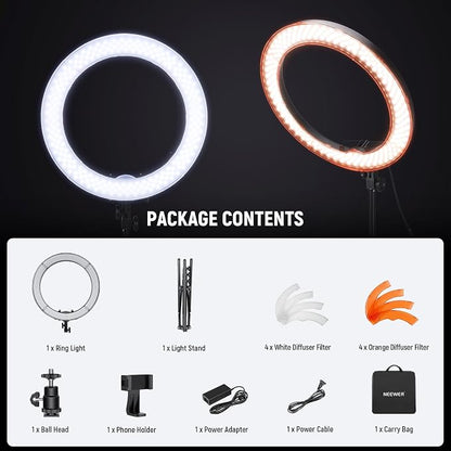 NEEWER 58W 18"/45cm Ring Light Kit, 3200K & 5600K Bi Color Dimmable CRI95 LED Selfie Lighting for iPhone with Tripod Stand/Phone Holder/Cold Shoe for Makeup Studio Video Recording Photography, RL-18