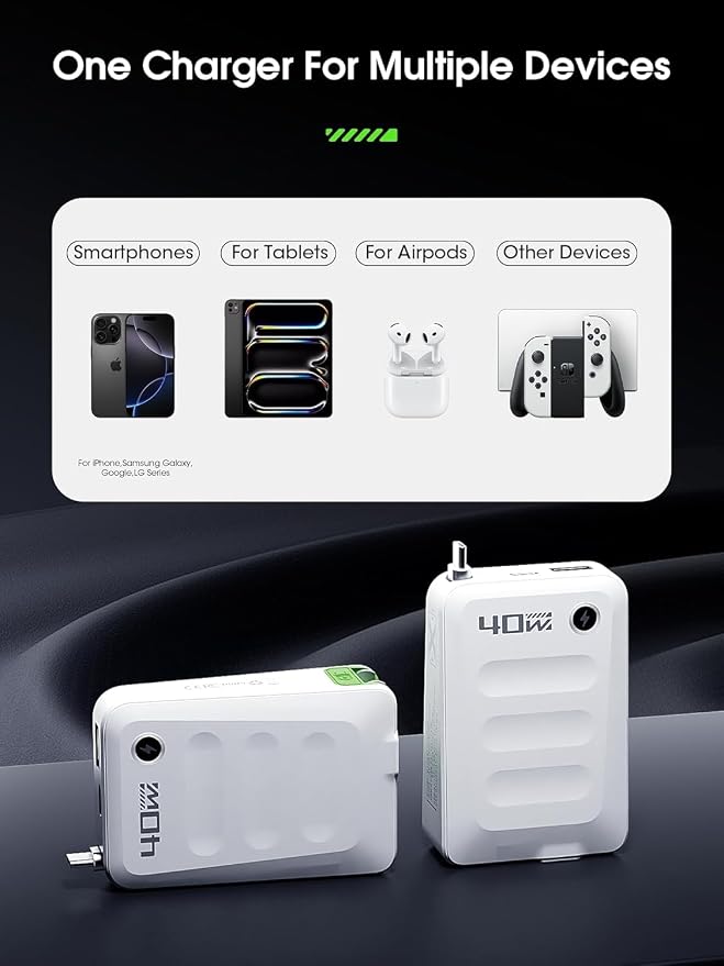 2026 ETODBUWS 3 in 1 GaN Charger,40W PD Fast Charging Blocks with Retractable Type C Cable and Dual Port Travel Charger,USB Chargers with Foldable Plug for iPhone 17/16/15,Galaxy,Pixel-White