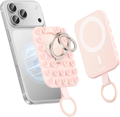 Syncwire Magnetic Phone Grip MagSafe Compatible Phone Ring Holder with Silicone Suction Cup Dual Ring Phone Stand for Mirror Selfie Video Recording Hands Free Use,Blush Pink