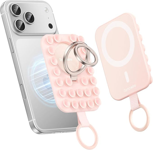 Syncwire Magnetic Phone Grip MagSafe Compatible Phone Ring Holder with Silicone Suction Cup Dual Ring Phone Stand for Mirror Selfie Video Recording Hands Free Use,Blush Pink