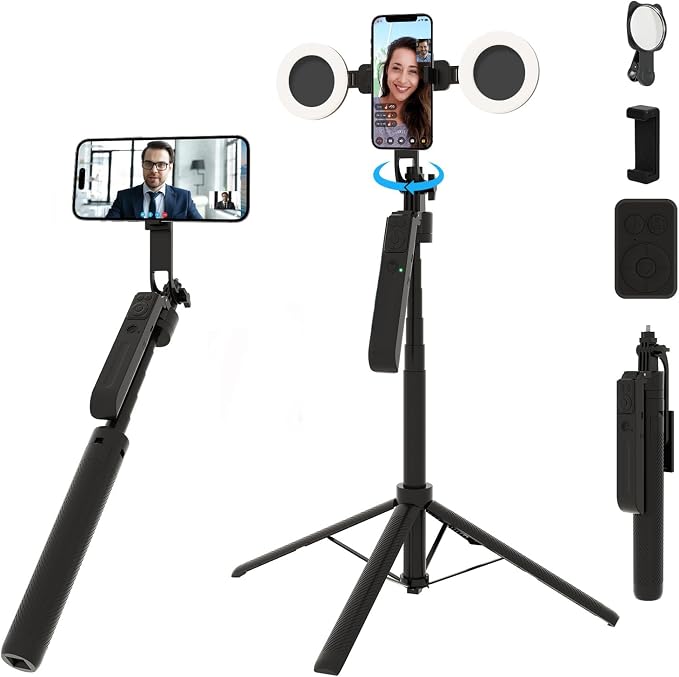 Auto Face Tracking Selfie Stick Tripod with Fill Light, 360 Rotation & Gesture Control, 70.9" Selfie Stick Tripod for iPhone with Remote for for TikTok/Vlog/Live Stream/Video Recording