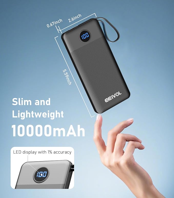 Portable Charger with Built in Cables, Slim 10000mAh Power Bank, USB C Battery Pack Travel, 4 Output 2 Input External Charging Bank for iPhone 17/16/15/14/13,Samsung, Android, etc-Black(1 Pack)